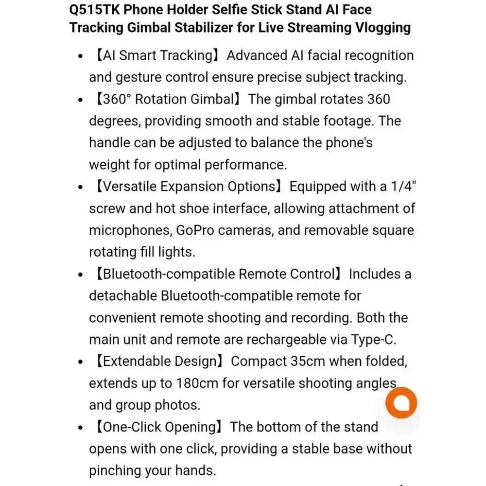 Q515TK Tracking Gimbal Selfie Stick, 360° Auto Face Tracking Tripod Auto Focus